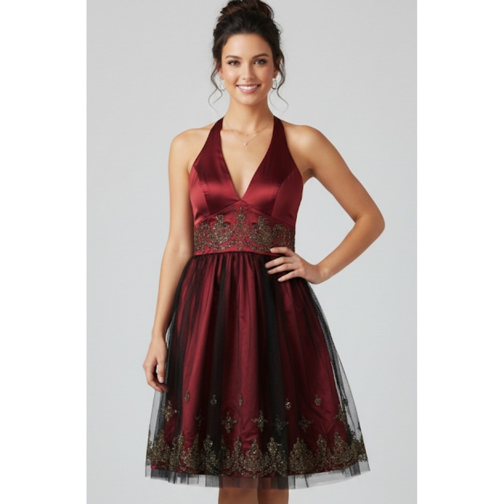 ASPEED U.S.A. Dress Womens M Red Fit & Flare Halter Embellished Tulle Party